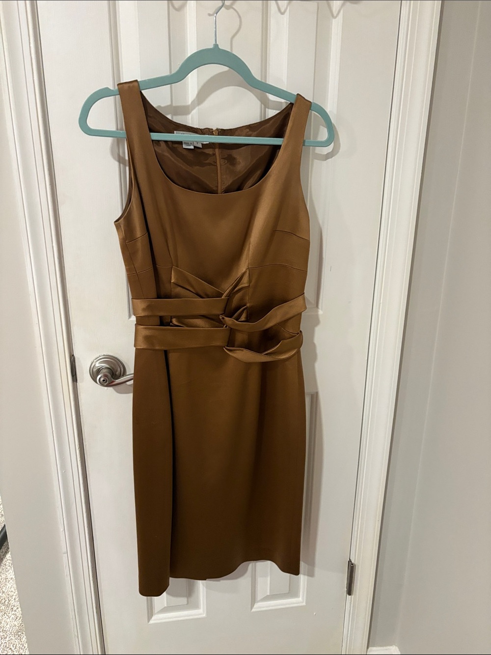Kay Unger Brown Satin Sheath Dress with Sculpted Waistband